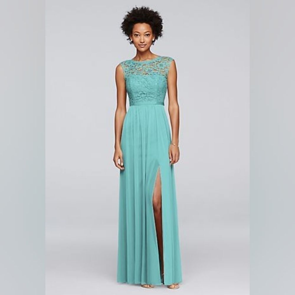 David's Bridal Aqua Lace Maxi Gown | Grosgrain Ribbon Formal Dress Size 4